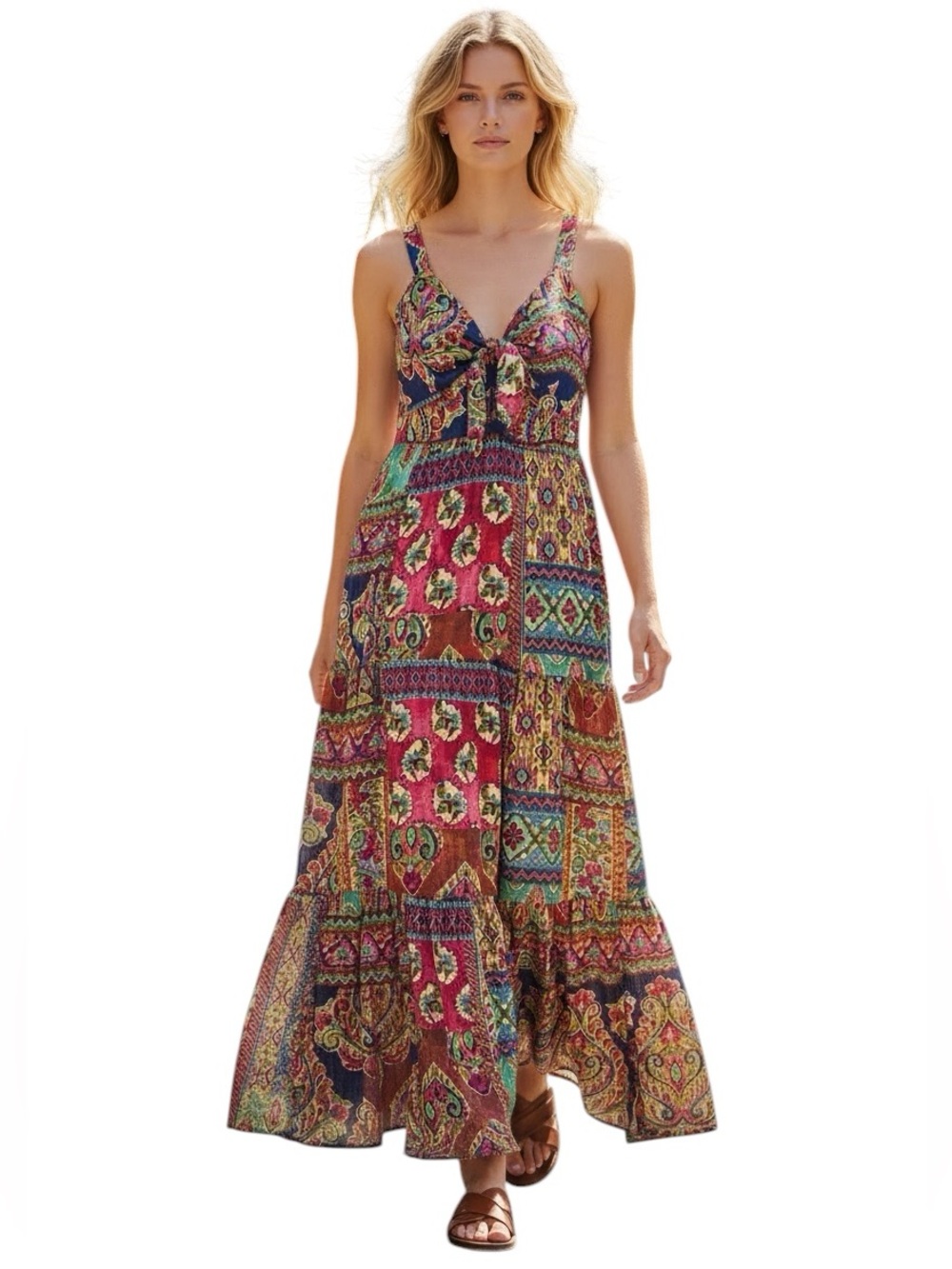 Signature by Robbie Bee Multicolor Patchwork Flowy Maxi Dress, size 14